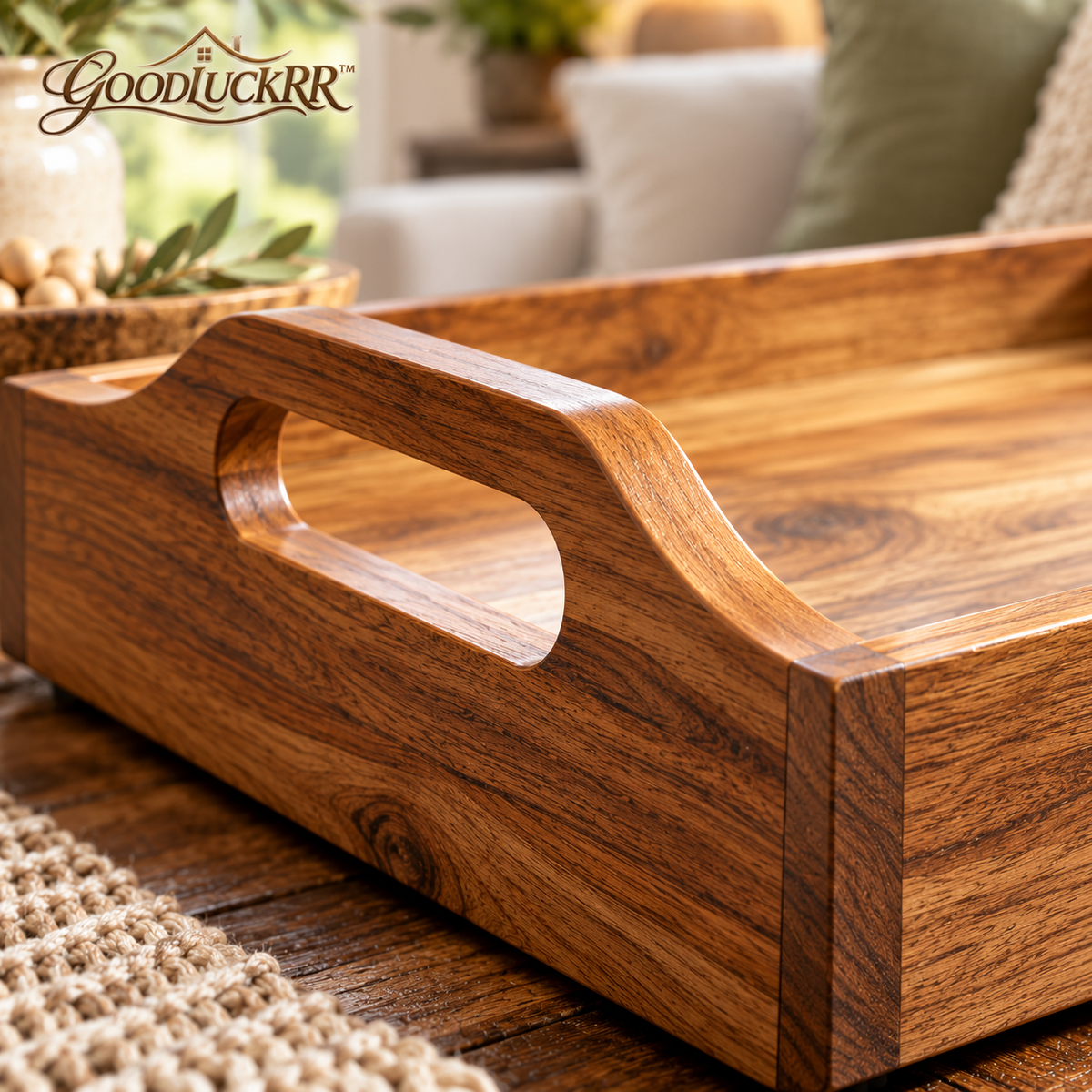 GOODLUCKRR™ Farmhouse Wooden Decorative Tray, Rustic Tray with Raised Handles, Vintage Country Accent for Coffee Table, Kitchen Counter & Ottoman