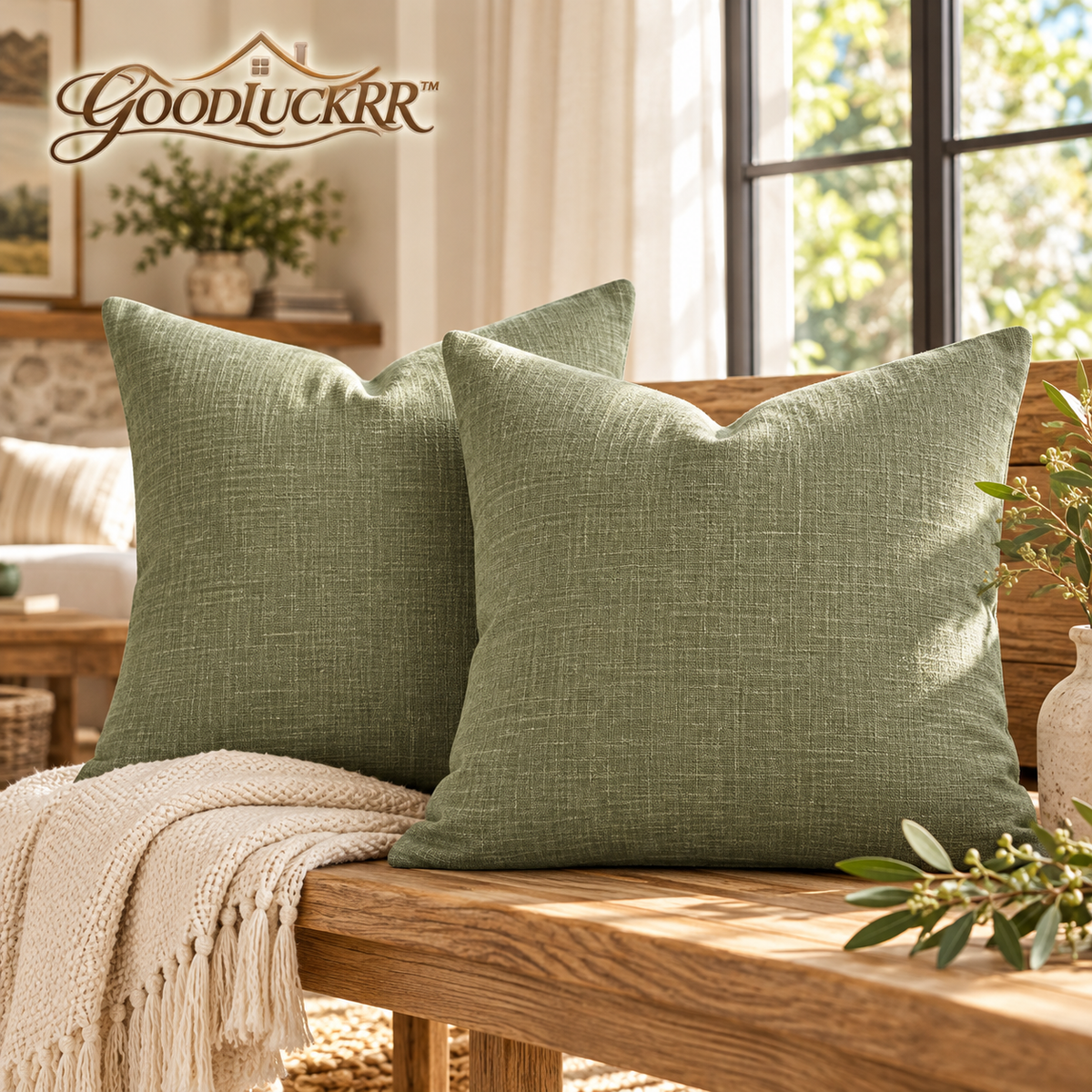 GOODLUCKRR™ Farmhouse Linen Throw Pillow Covers, 18 × 18 Inch Rustic Decorative Cushion Covers, Set of 2, Country Cottage Sofa & Bedroom Decor