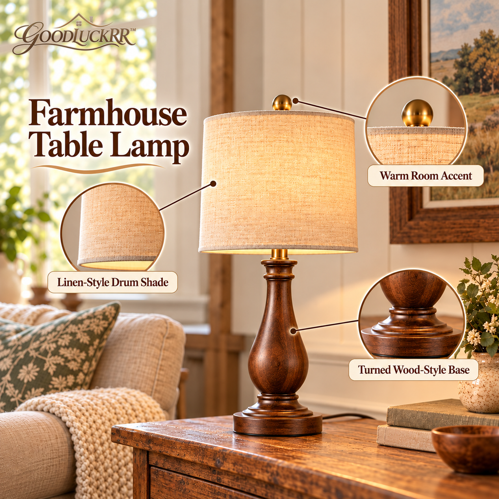 GOODLUCKRR™ Farmhouse Table Lamp, Rustic Wooden-Style Base Bedside Lamp with Linen-Style Shade, Country Cottage Lighting for Bedroom & Living Room