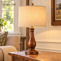 GOODLUCKRR™ Farmhouse Table Lamp, Rustic Wooden-Style Base Bedside Lamp with Linen-Style Shade, Country Cottage Lighting for Bedroom & Living Room
