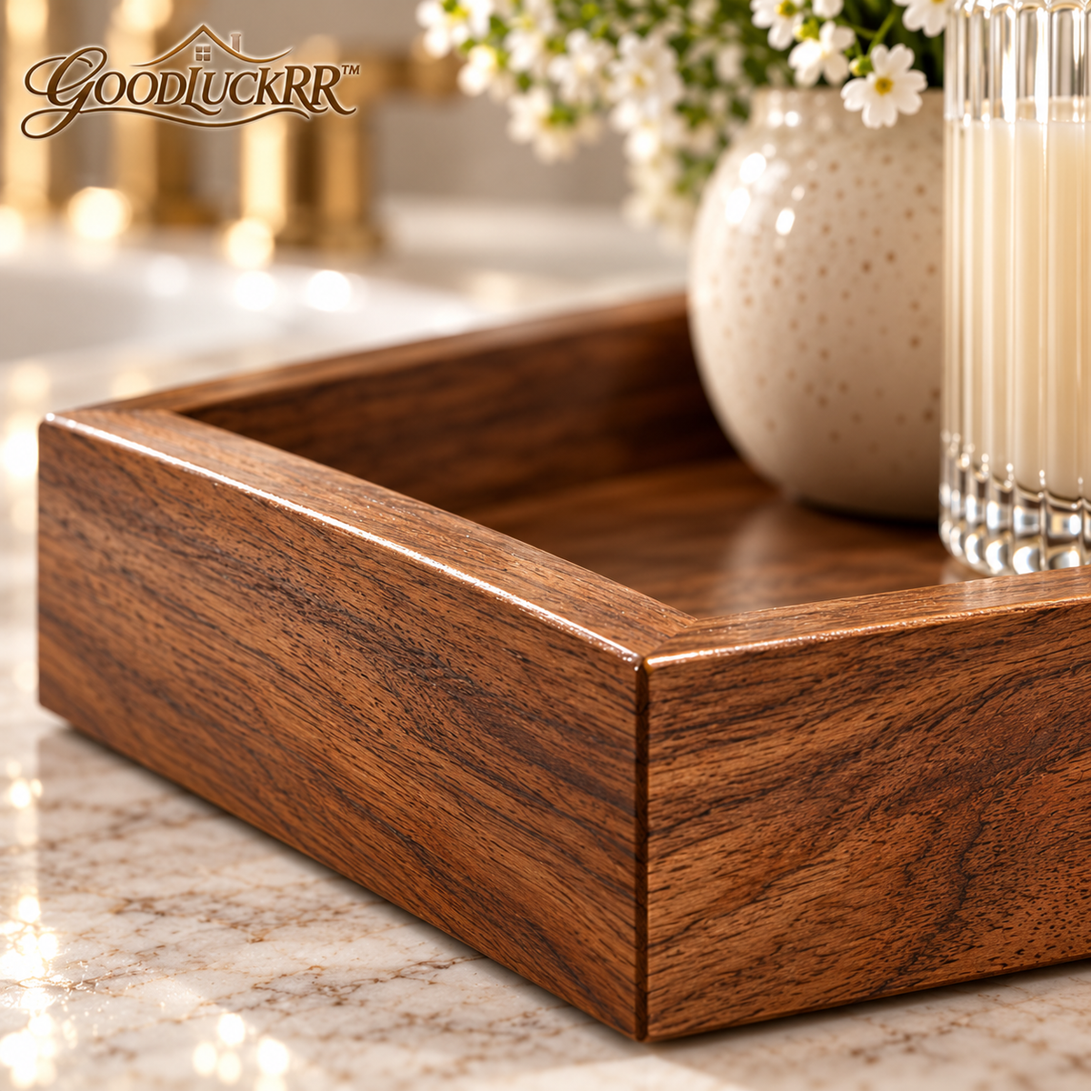 GOODLUCKRR™ Farmhouse Wooden Bathroom Tray Organizer, Rustic Vanity Storage Tray, Country Bathroom Decor for Countertop & Self-Care Space