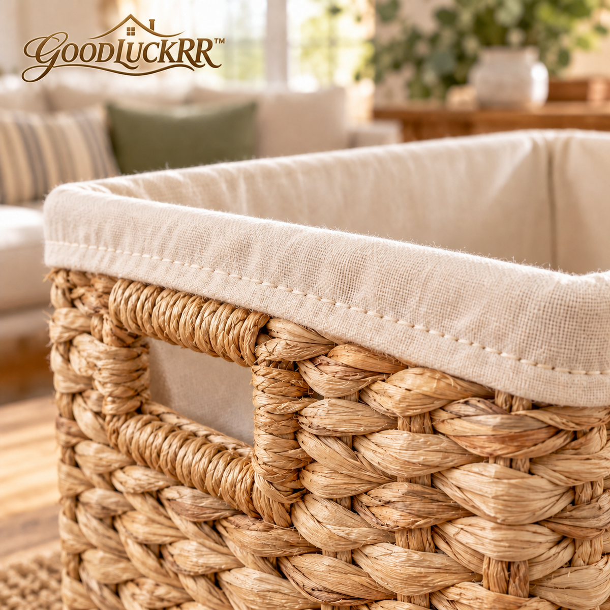 GOODLUCKRR™ Farmhouse Woven Storage Basket, Natural Seagrass Basket with Fabric Liner, Rustic Cottage Organization for Living Room & Bedroom