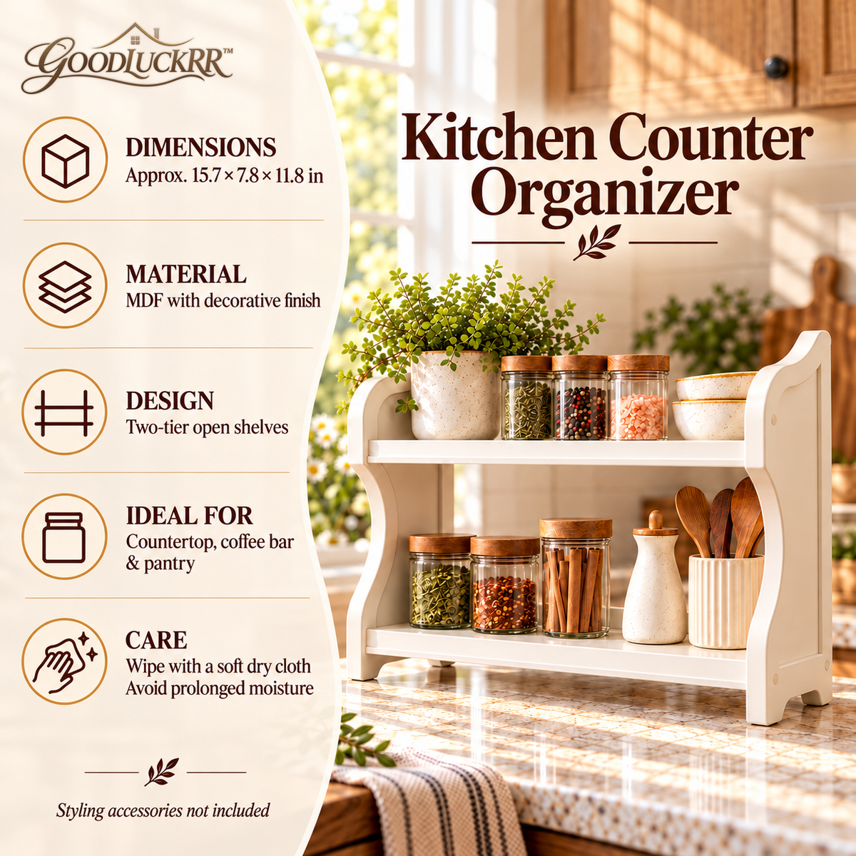 GOODLUCKRR™ Farmhouse Wooden Kitchen Counter Organizer, Rustic Spice Rack & Coffee Bar Storage Shelf, Vintage Country Cottage Decor