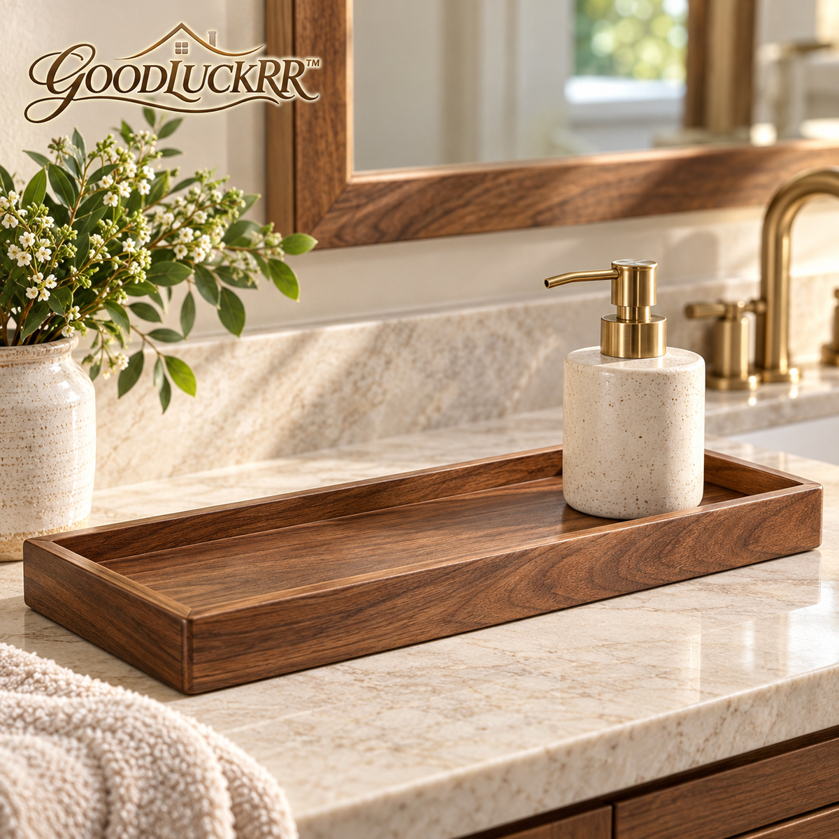 GOODLUCKRR™ Farmhouse Wooden Bathroom Tray Organizer, Rustic Vanity Storage Tray, Country Bathroom Decor for Countertop & Self-Care Space
