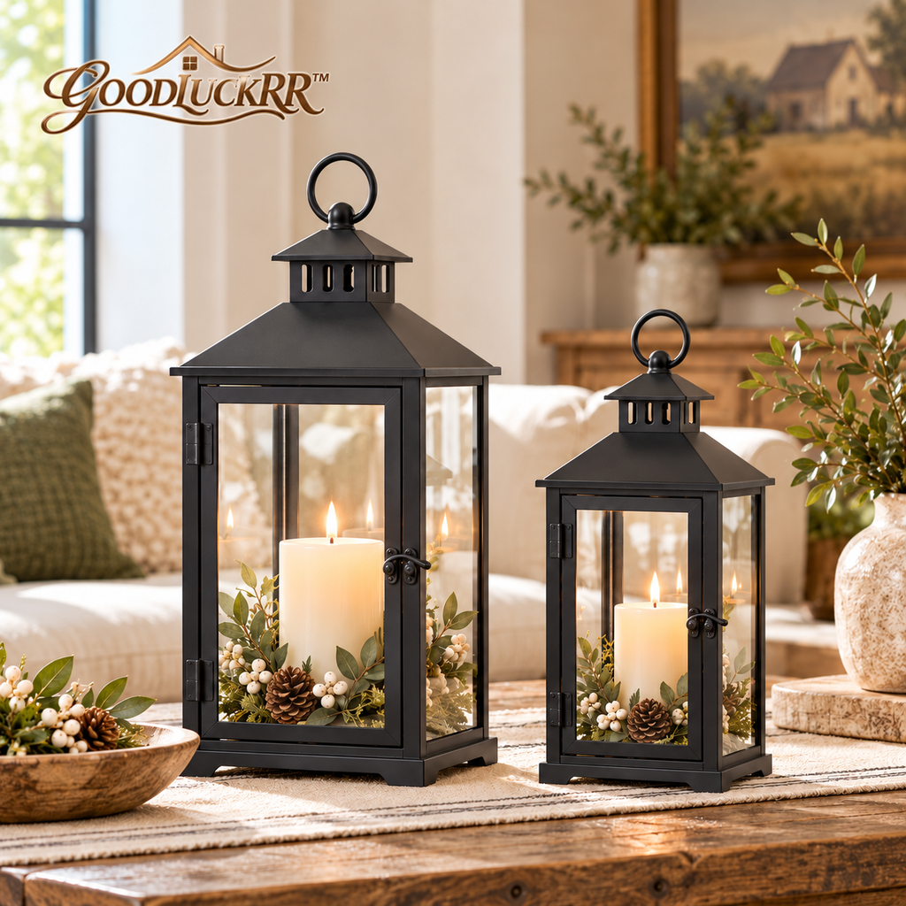 GOODLUCKRR™ Farmhouse Lantern Candle Holder Set, Rustic Metal Decorative Lanterns with Glass Panels, Country Cottage Table Centerpiece Decor