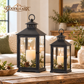GOODLUCKRR™ Farmhouse Lantern Candle Holder Set, Rustic Metal Decorative Lanterns with Glass Panels, Country Cottage Table Centerpiece Decor