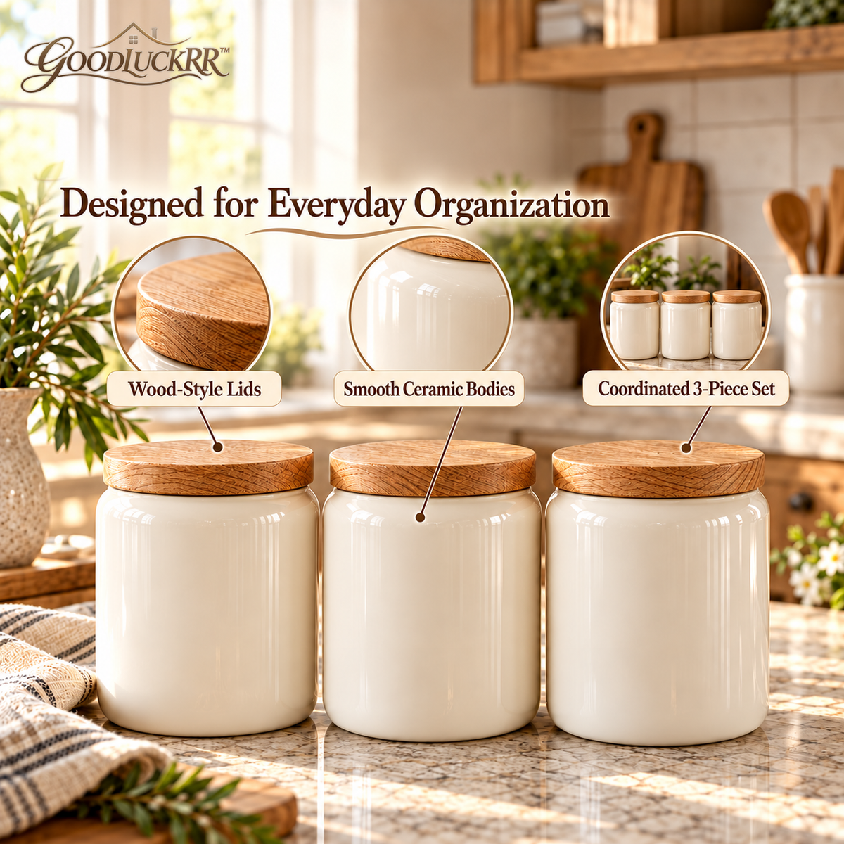 GOODLUCKRR™ Farmhouse Ceramic Kitchen Canister Set, Rustic Storage Jars with Wooden-Style Lids, Country Cottage Counter Decor for Coffee, Sugar & Tea
