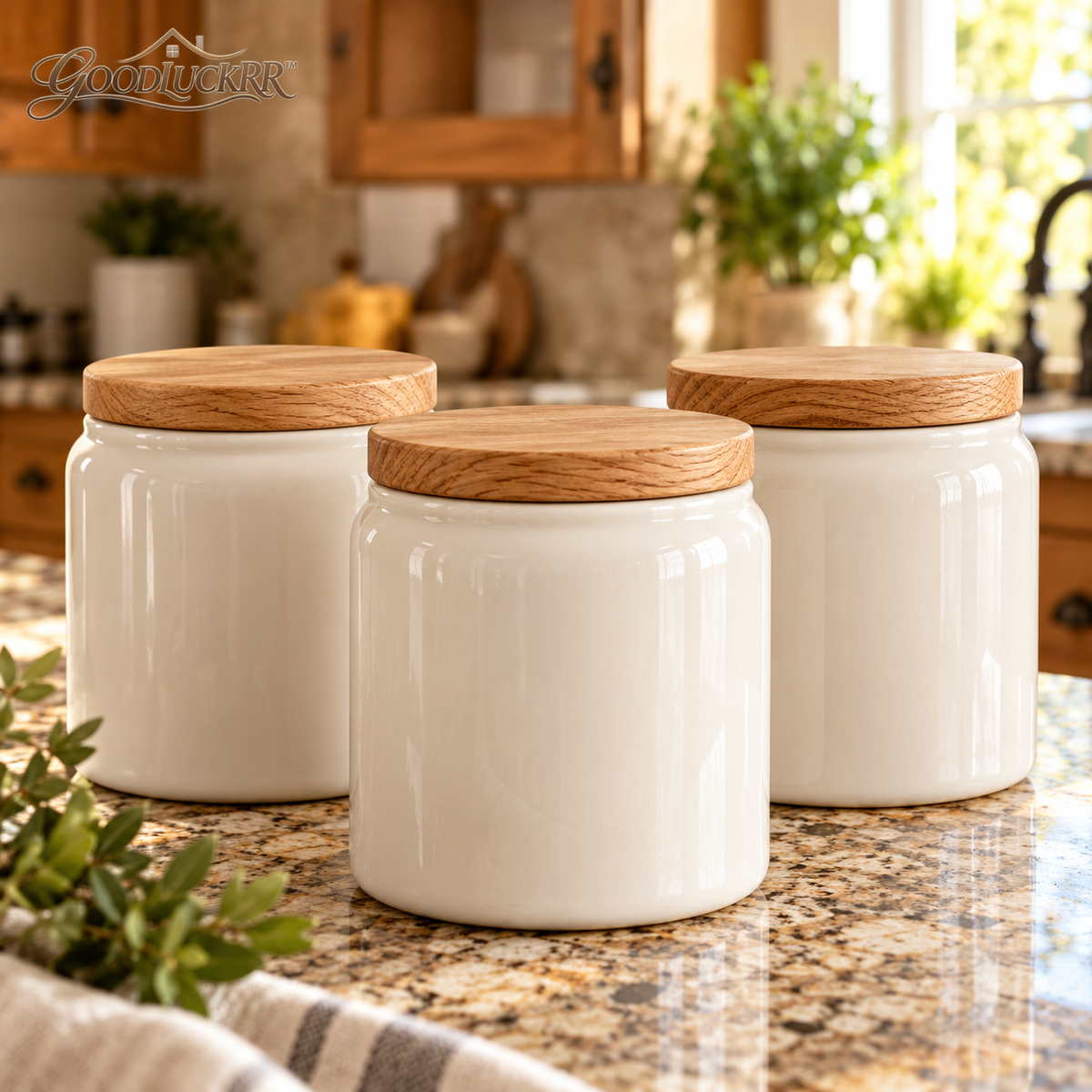 GOODLUCKRR™ Farmhouse Ceramic Kitchen Canister Set, Rustic Storage Jars with Wooden-Style Lids, Country Cottage Counter Decor for Coffee, Sugar & Tea