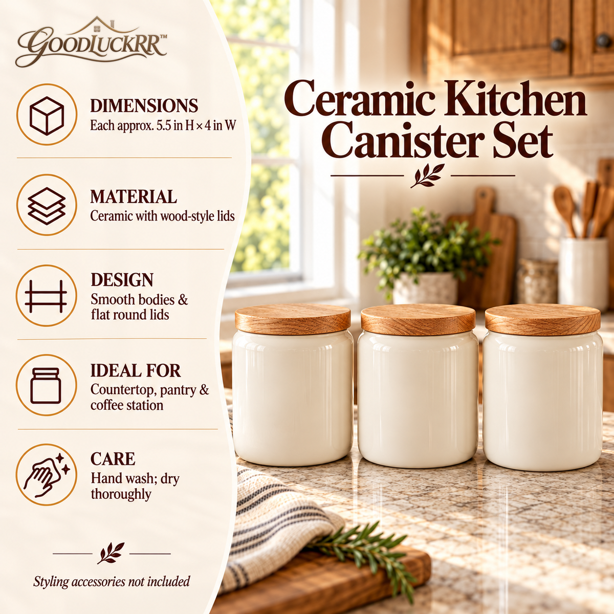 GOODLUCKRR™ Farmhouse Ceramic Kitchen Canister Set, Rustic Storage Jars with Wooden-Style Lids, Country Cottage Counter Decor for Coffee, Sugar & Tea