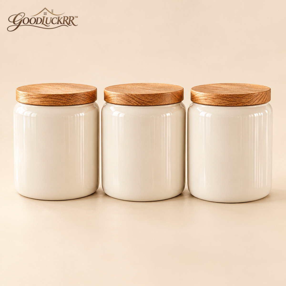 GOODLUCKRR™ Farmhouse Ceramic Kitchen Canister Set, Rustic Storage Jars with Wooden-Style Lids, Country Cottage Counter Decor for Coffee, Sugar & Tea