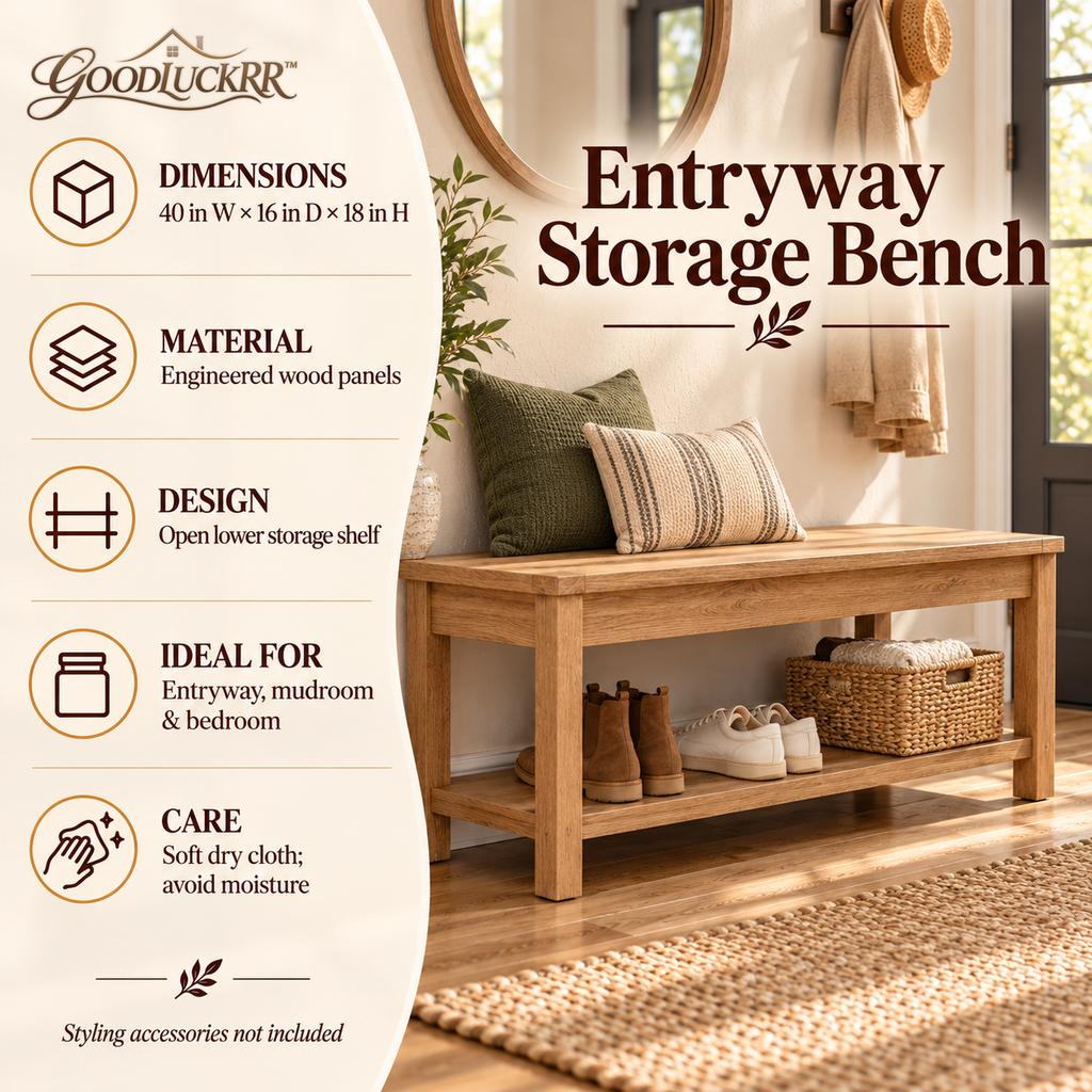 GOODLUCKRR™ Farmhouse Entryway Bench, Rustic Wooden-Style Shoe Storage Bench with Lower Shelf, Country Cottage Furniture for Mudroom & Bedroom