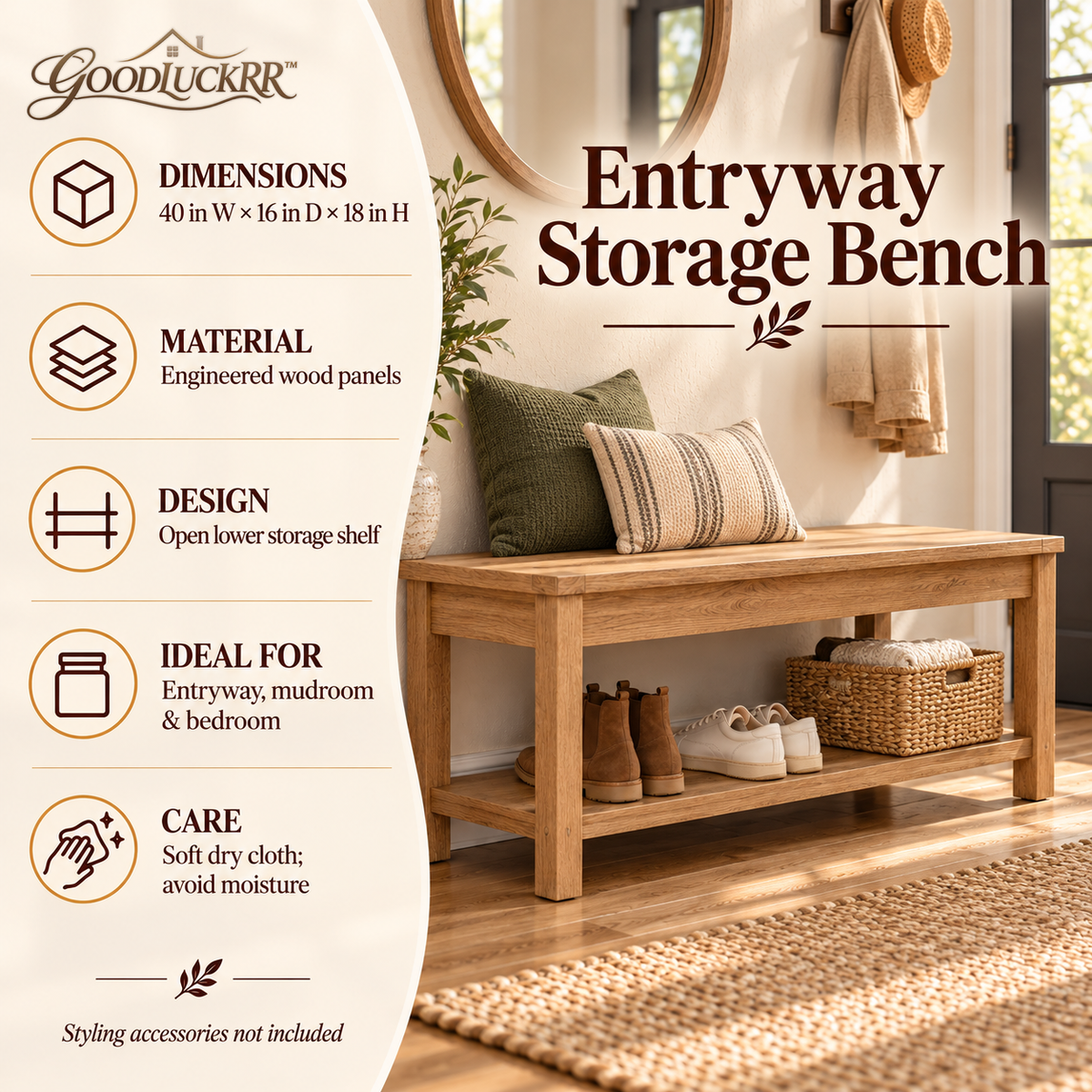 GOODLUCKRR™ Farmhouse Entryway Bench, Rustic Wooden-Style Shoe Storage Bench with Lower Shelf, Country Cottage Furniture for Mudroom & Bedroom