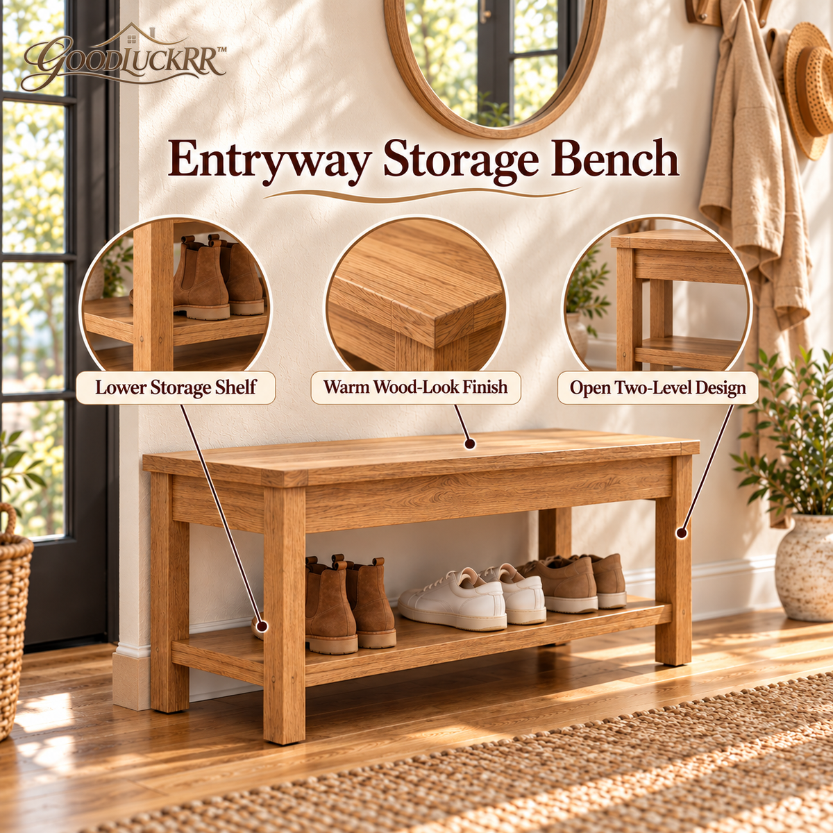 GOODLUCKRR™ Farmhouse Entryway Bench, Rustic Wooden-Style Shoe Storage Bench with Lower Shelf, Country Cottage Furniture for Mudroom & Bedroom