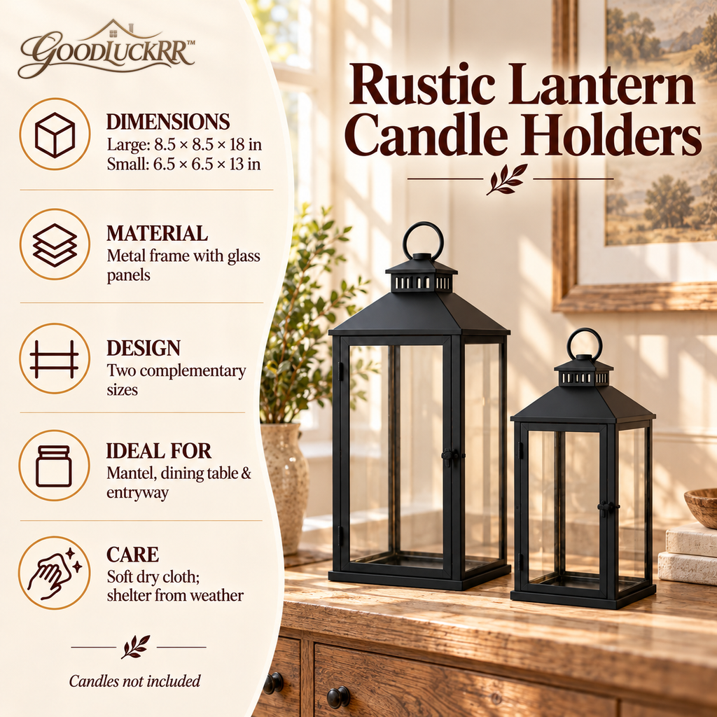 GOODLUCKRR™ Farmhouse Lantern Candle Holder Set, Rustic Metal Decorative Lanterns with Glass Panels, Country Cottage Table Centerpiece Decor