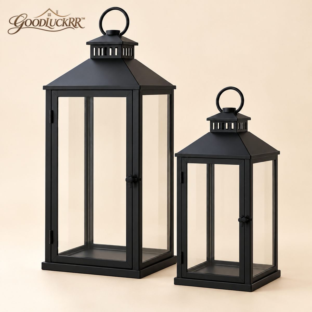 GOODLUCKRR™ Farmhouse Lantern Candle Holder Set, Rustic Metal Decorative Lanterns with Glass Panels, Country Cottage Table Centerpiece Decor