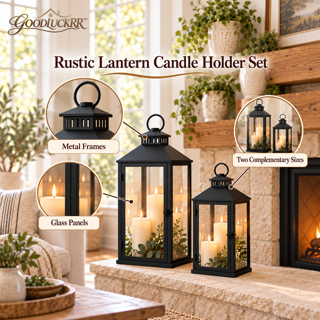 GOODLUCKRR™ Farmhouse Lantern Candle Holder Set, Rustic Metal Decorative Lanterns with Glass Panels, Country Cottage Table Centerpiece Decor