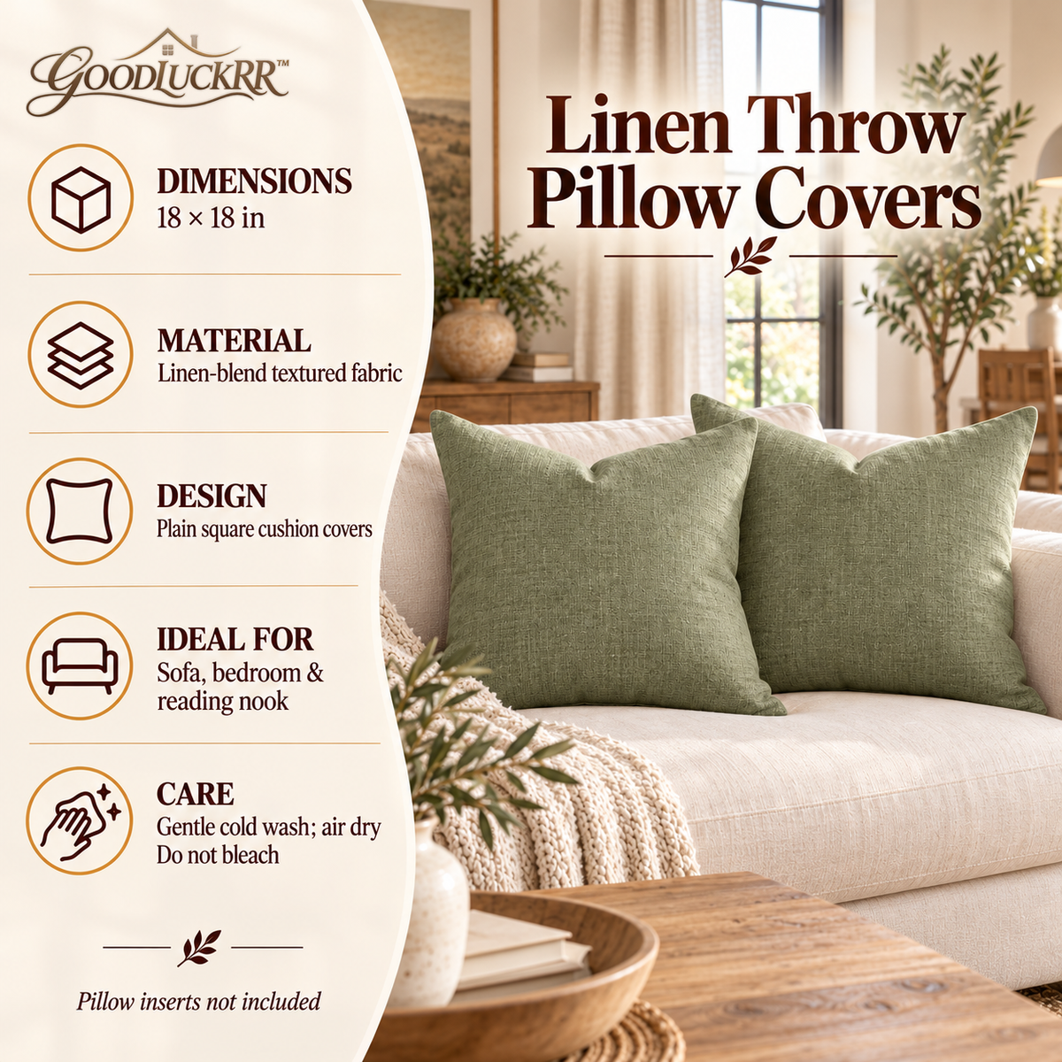 GOODLUCKRR™ Farmhouse Linen Throw Pillow Covers, 18 × 18 Inch Rustic Decorative Cushion Covers, Set of 2, Country Cottage Sofa & Bedroom Decor