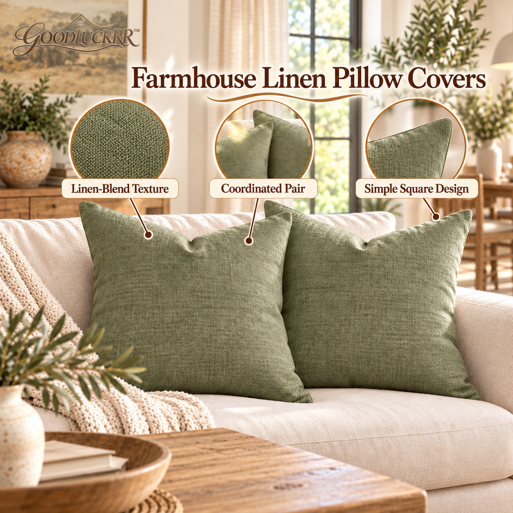 GOODLUCKRR™ Farmhouse Linen Throw Pillow Covers, 18 × 18 Inch Rustic Decorative Cushion Covers, Set of 2, Country Cottage Sofa & Bedroom Decor
