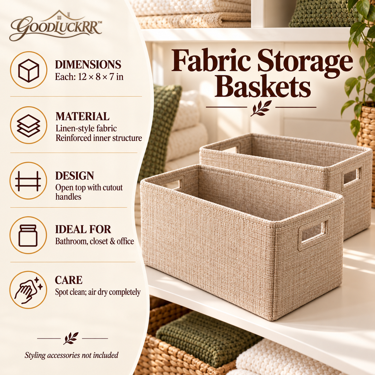 GOODLUCKRR™ Farmhouse Linen-Style Bathroom Storage Basket Set, Rustic Fabric Organizer Bins with Handles, Cottage Towel & Toiletry Storage, Set of 2