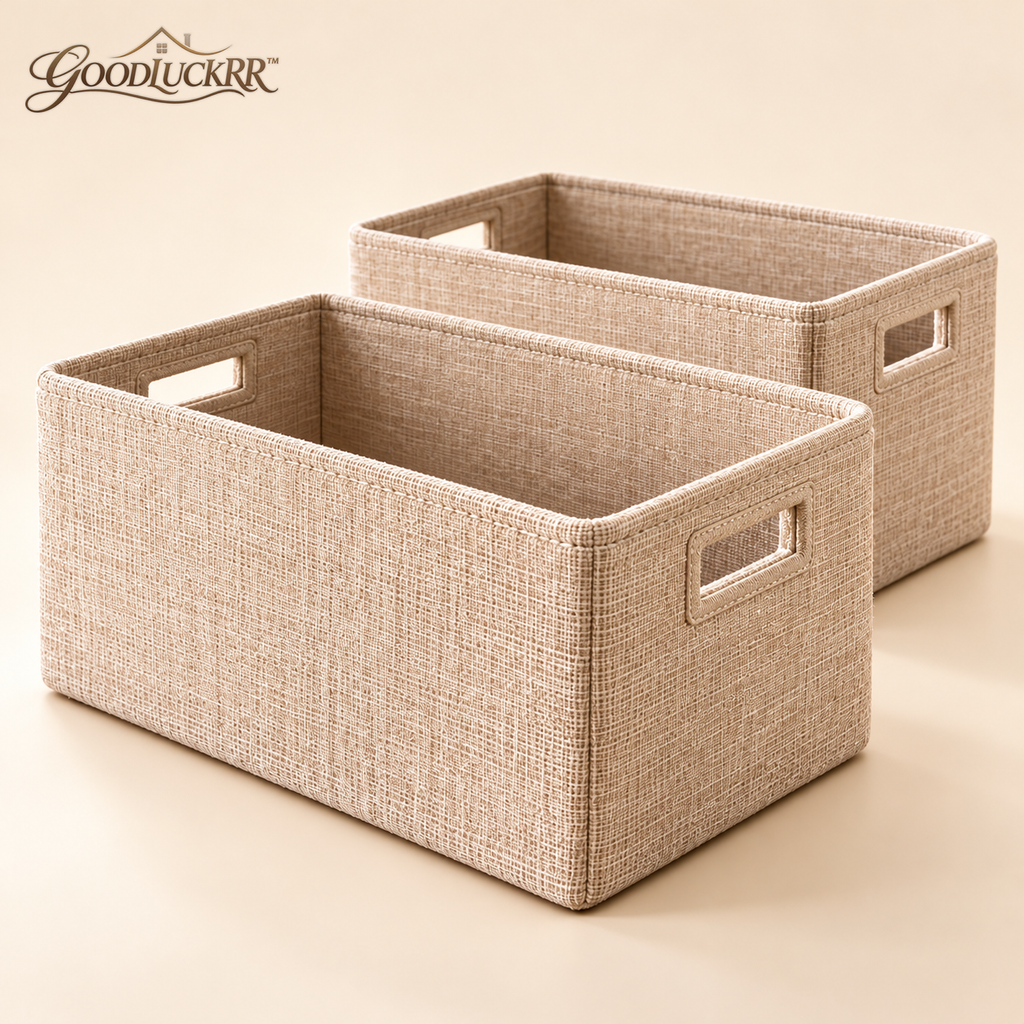GOODLUCKRR™ Farmhouse Linen-Style Bathroom Storage Basket Set, Rustic Fabric Organizer Bins with Handles, Cottage Towel & Toiletry Storage, Set of 2
