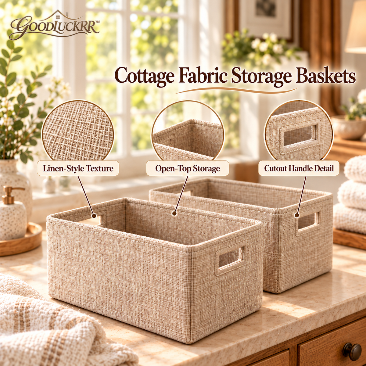 GOODLUCKRR™ Farmhouse Linen-Style Bathroom Storage Basket Set, Rustic Fabric Organizer Bins with Handles, Cottage Towel & Toiletry Storage, Set of 2