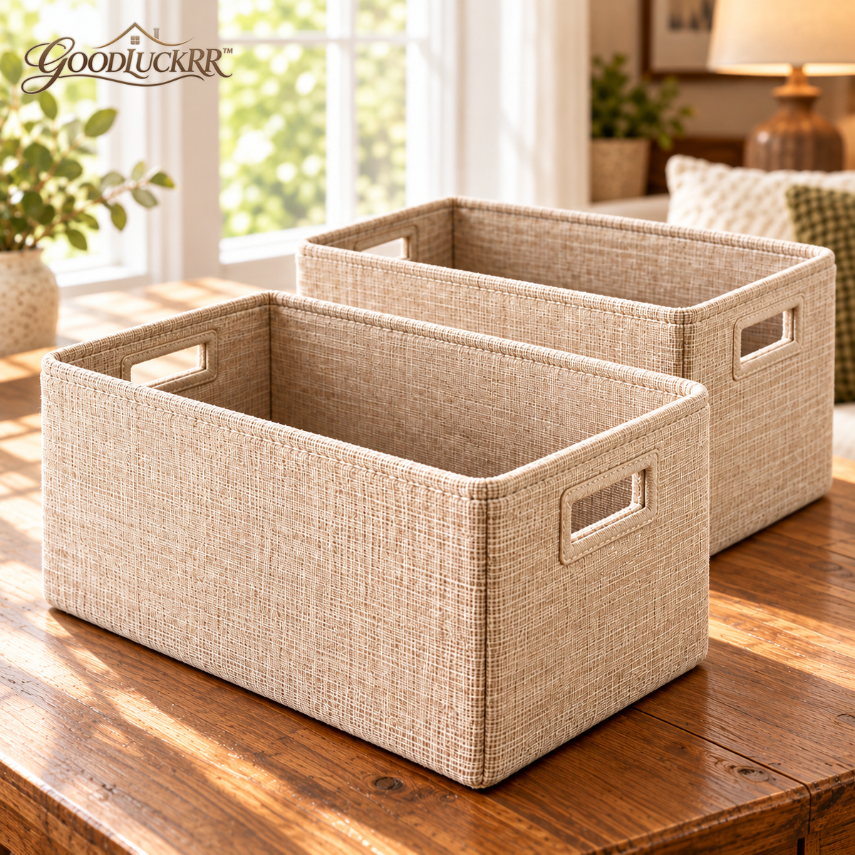 GOODLUCKRR™ Farmhouse Linen-Style Bathroom Storage Basket Set, Rustic Fabric Organizer Bins with Handles, Cottage Towel & Toiletry Storage, Set of 2