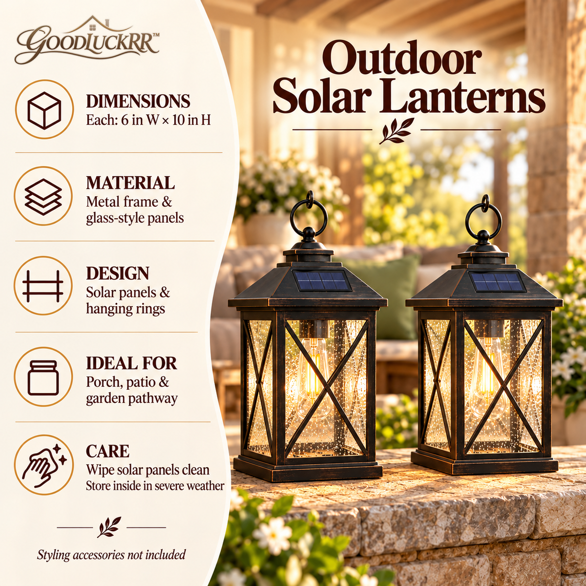 GOODLUCKRR™ Farmhouse Solar Lantern Lights, Set of 2 Rustic Outdoor Hanging Lanterns, Vintage Cottage Garden Accent for Patio, Porch & Backyard