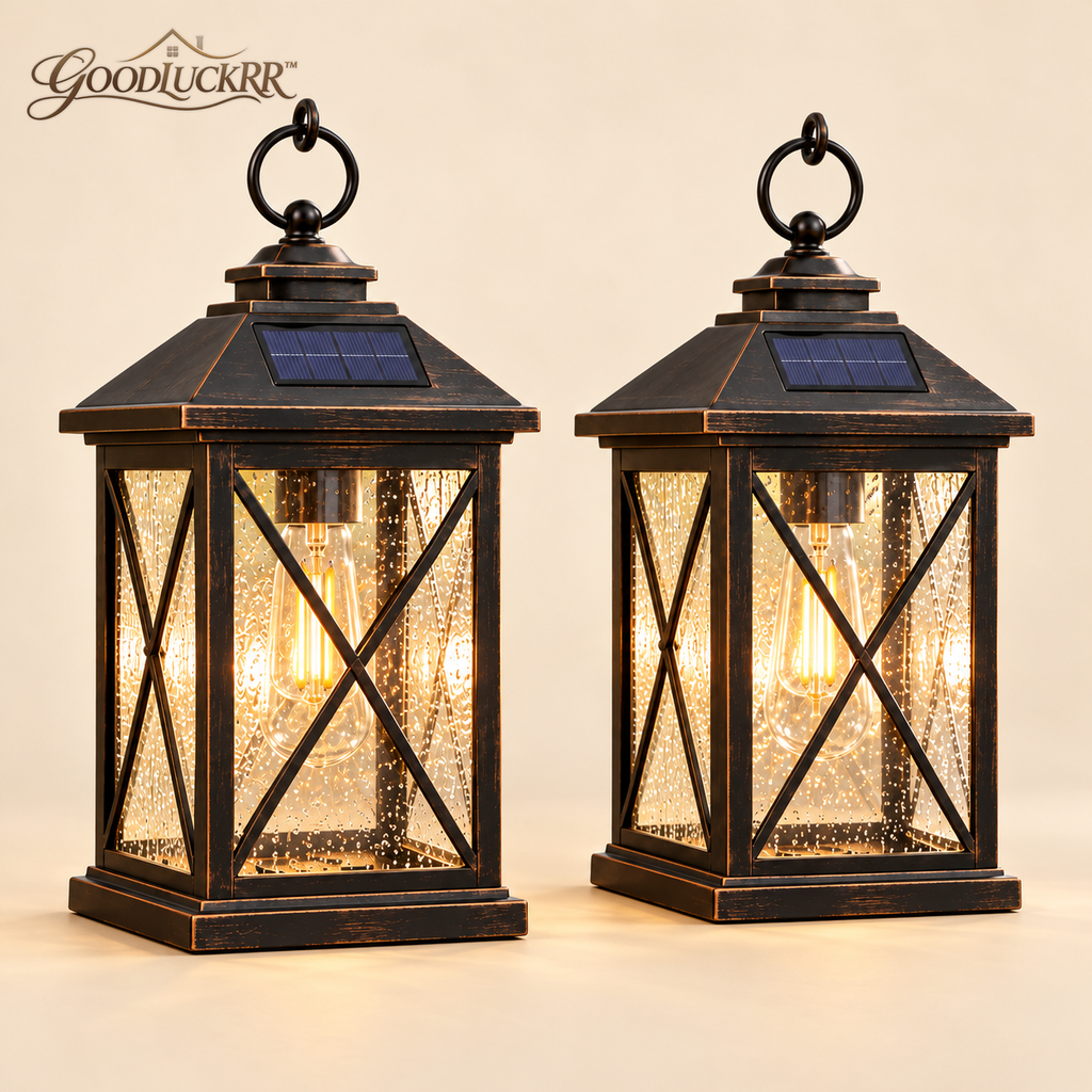 GOODLUCKRR™ Farmhouse Solar Lantern Lights, Set of 2 Rustic Outdoor Hanging Lanterns, Vintage Cottage Garden Accent for Patio, Porch & Backyard