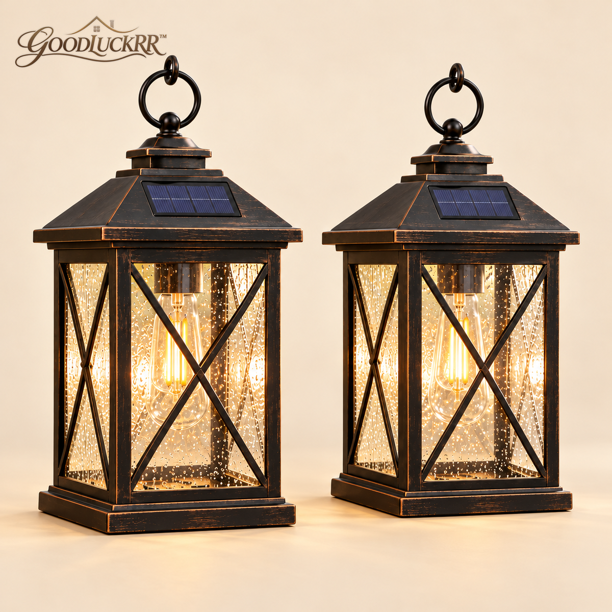 GOODLUCKRR™ Farmhouse Solar Lantern Lights, Set of 2 Rustic Outdoor Hanging Lanterns, Vintage Cottage Garden Accent for Patio, Porch & Backyard