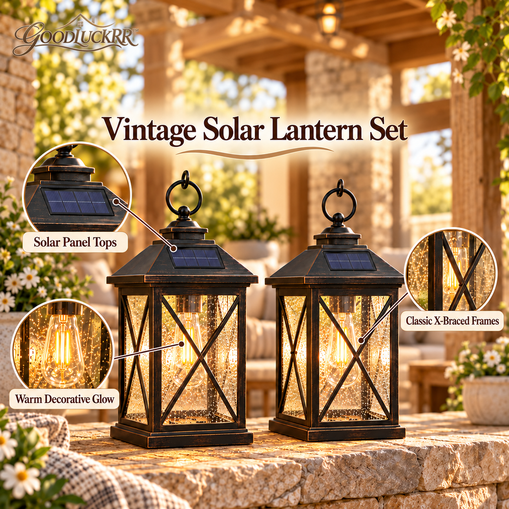 GOODLUCKRR™ Farmhouse Solar Lantern Lights, Set of 2 Rustic Outdoor Hanging Lanterns, Vintage Cottage Garden Accent for Patio, Porch & Backyard