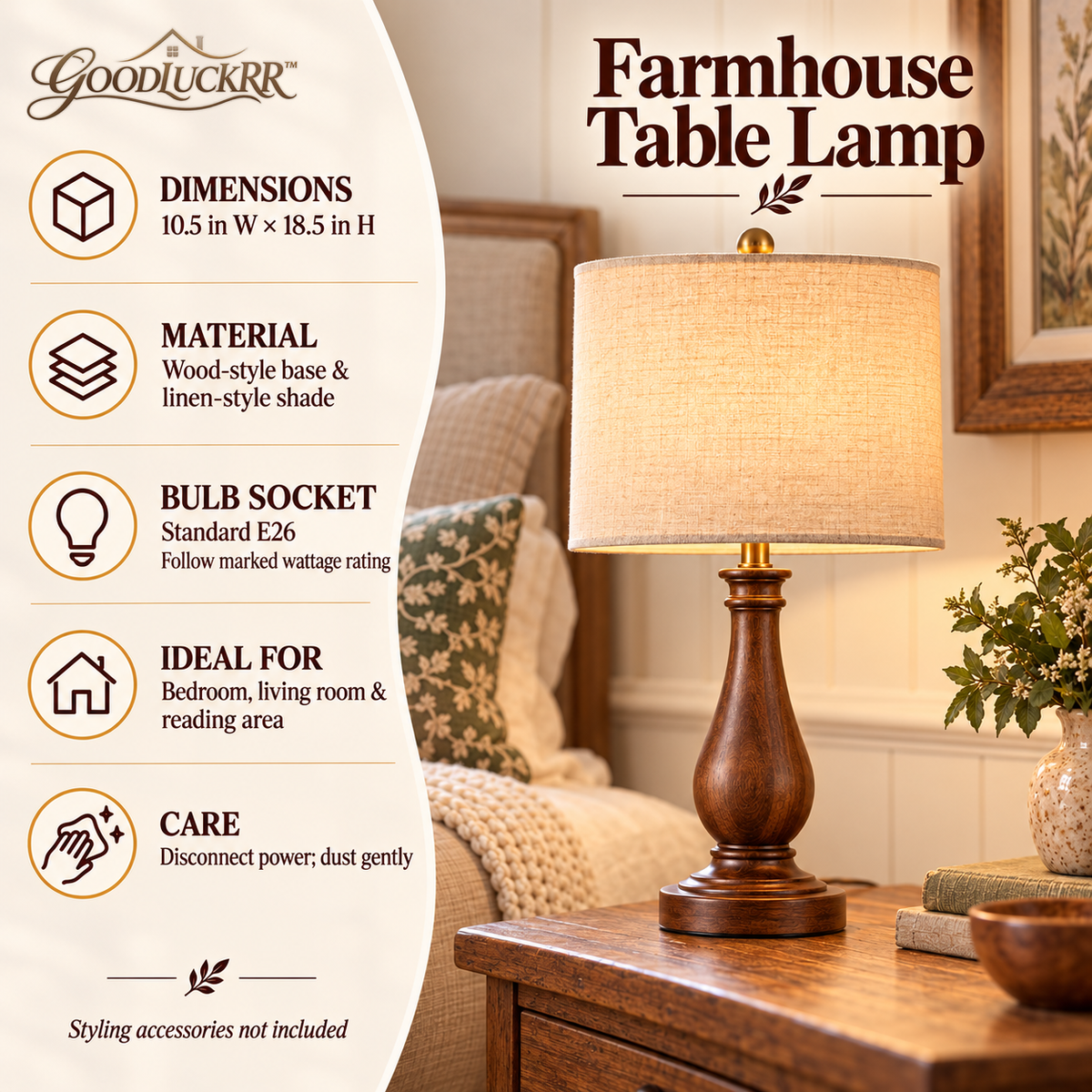 GOODLUCKRR™ Farmhouse Table Lamp, Rustic Wooden-Style Base Bedside Lamp with Linen-Style Shade, Country Cottage Lighting for Bedroom & Living Room