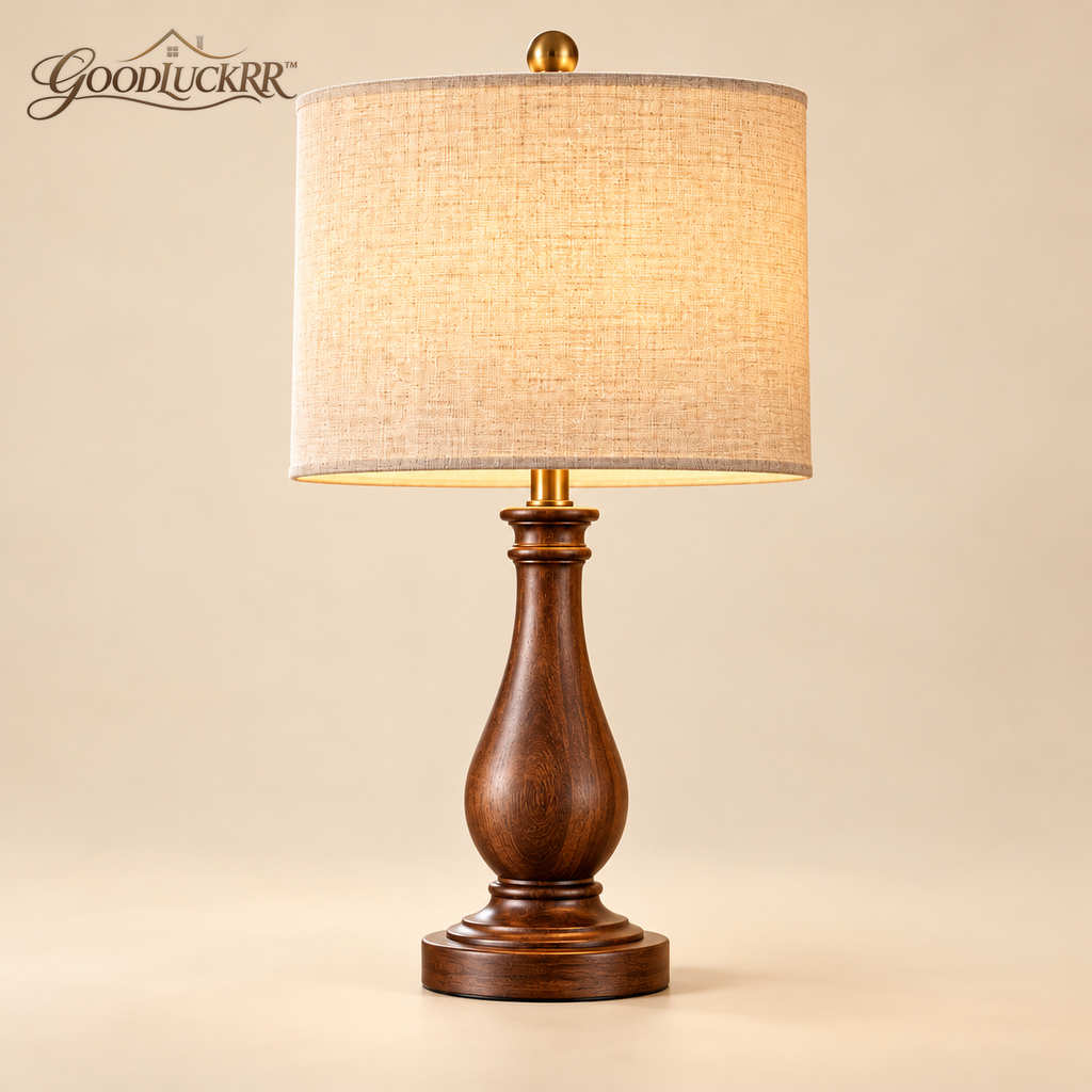 GOODLUCKRR™ Farmhouse Table Lamp, Rustic Wooden-Style Base Bedside Lamp with Linen-Style Shade, Country Cottage Lighting for Bedroom & Living Room