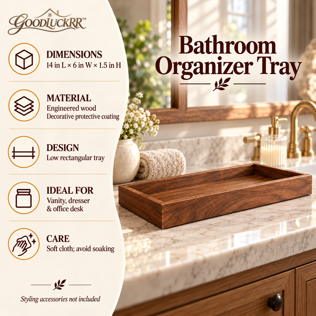 GOODLUCKRR™ Farmhouse Wooden Bathroom Tray Organizer, Rustic Vanity Storage Tray, Country Bathroom Decor for Countertop & Self-Care Space