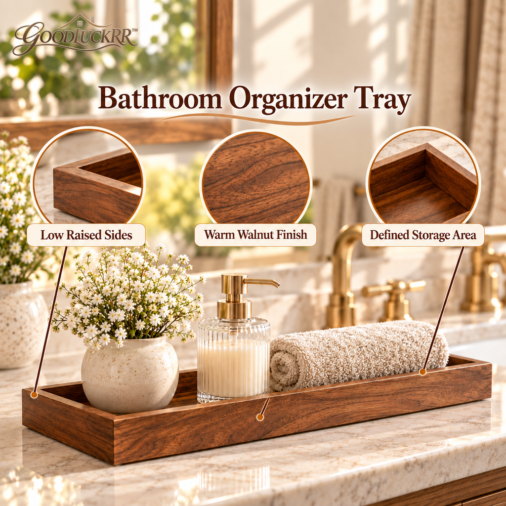 GOODLUCKRR™ Farmhouse Wooden Bathroom Tray Organizer, Rustic Vanity Storage Tray, Country Bathroom Decor for Countertop & Self-Care Space