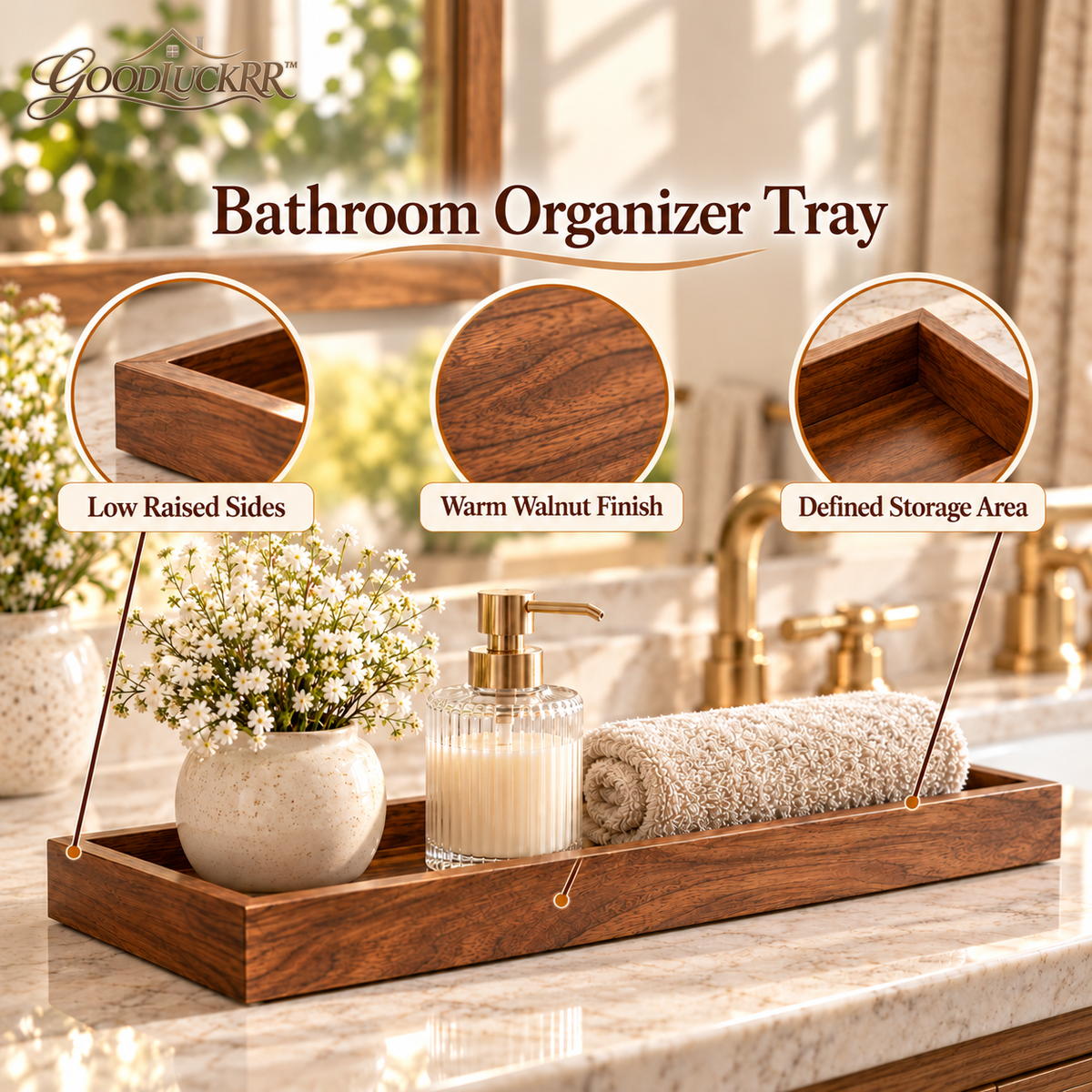 GOODLUCKRR™ Farmhouse Wooden Bathroom Tray Organizer, Rustic Vanity Storage Tray, Country Bathroom Decor for Countertop & Self-Care Space