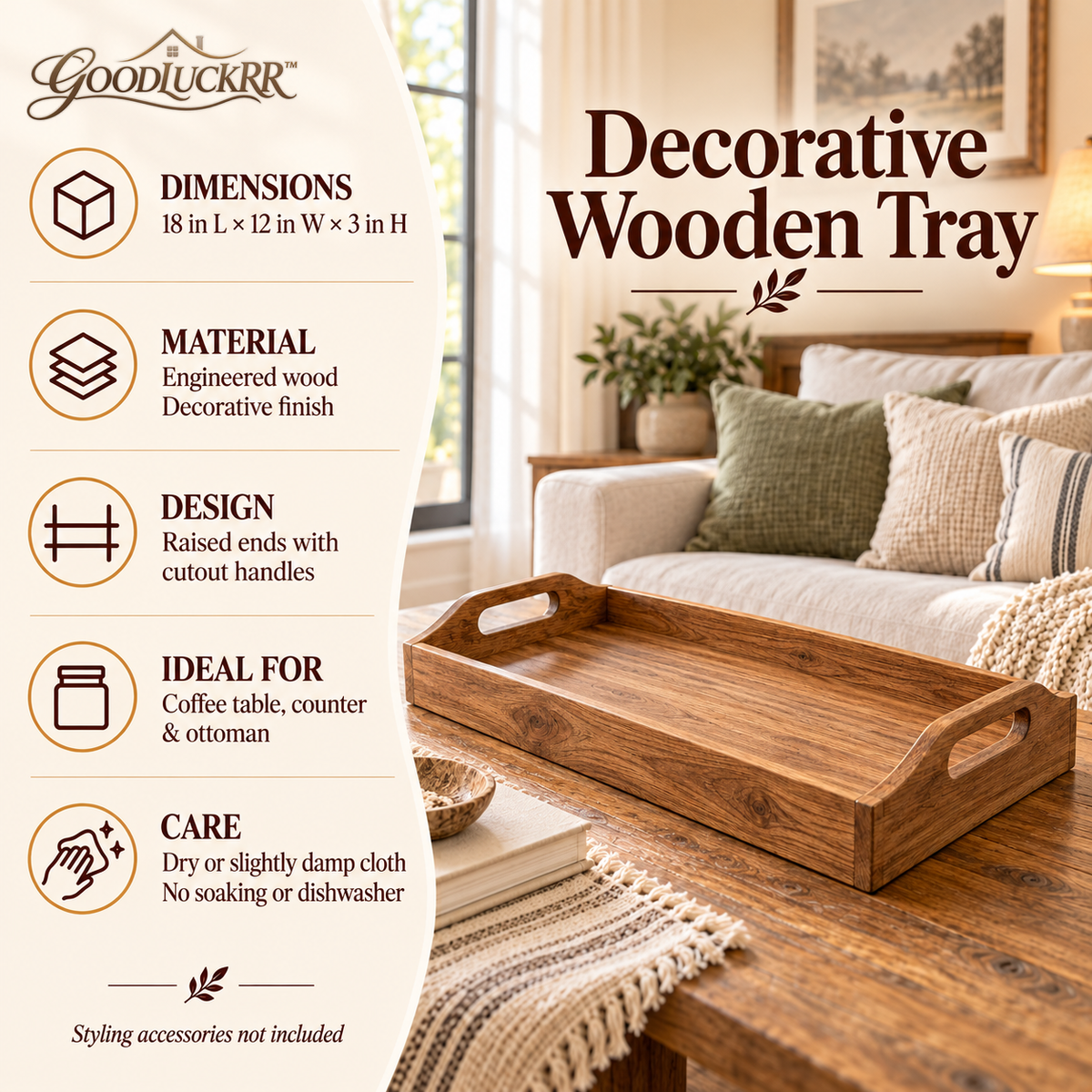 GOODLUCKRR™ Farmhouse Wooden Decorative Tray, Rustic Tray with Raised Handles, Vintage Country Accent for Coffee Table, Kitchen Counter & Ottoman