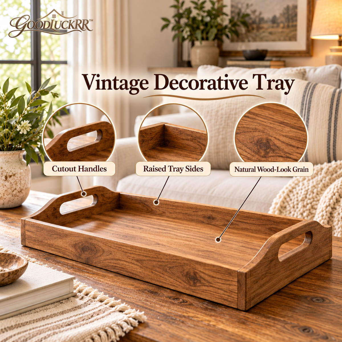 GOODLUCKRR™ Farmhouse Wooden Decorative Tray, Rustic Tray with Raised Handles, Vintage Country Accent for Coffee Table, Kitchen Counter & Ottoman