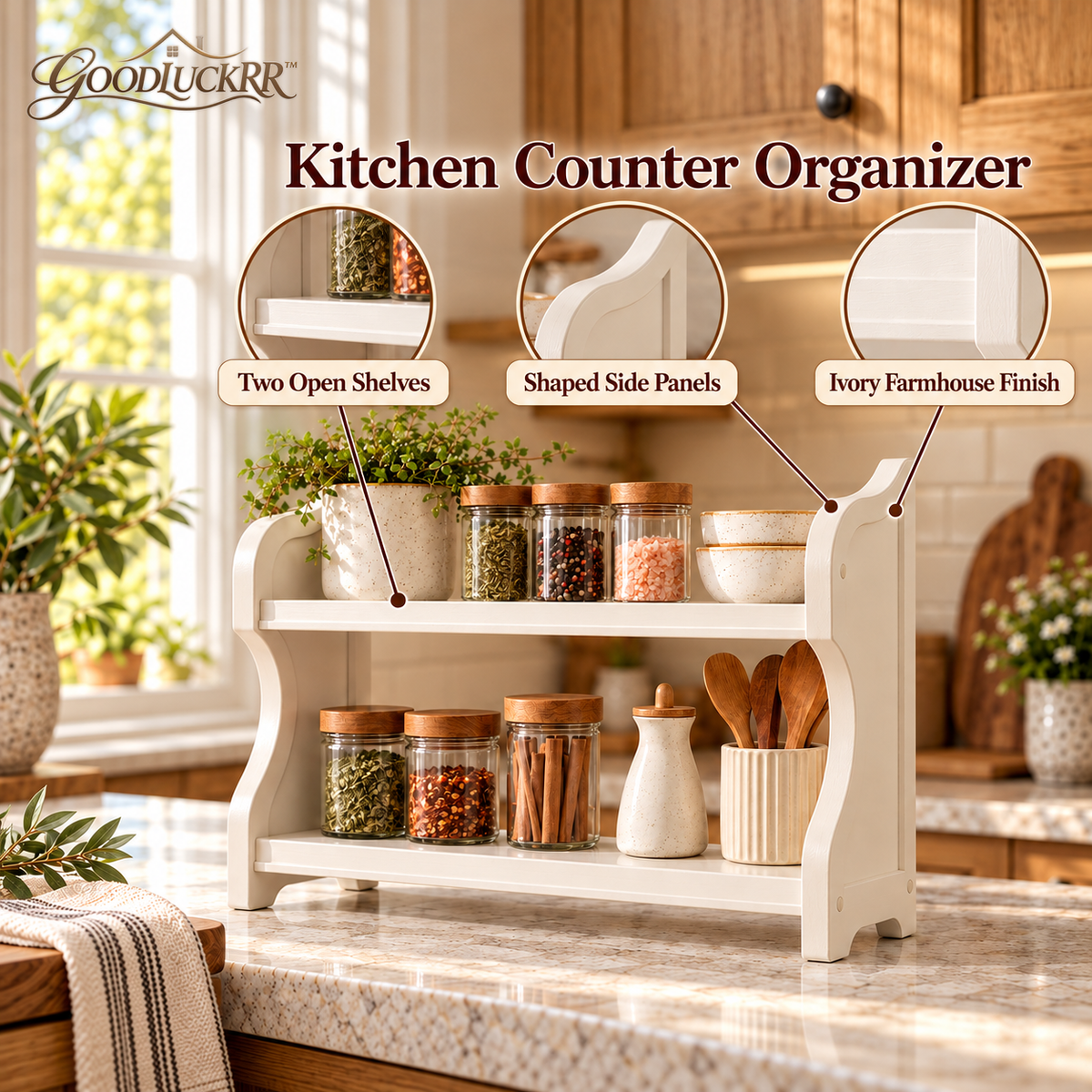 GOODLUCKRR™ Farmhouse Wooden Kitchen Counter Organizer, Rustic Spice Rack & Coffee Bar Storage Shelf, Vintage Country Cottage Decor