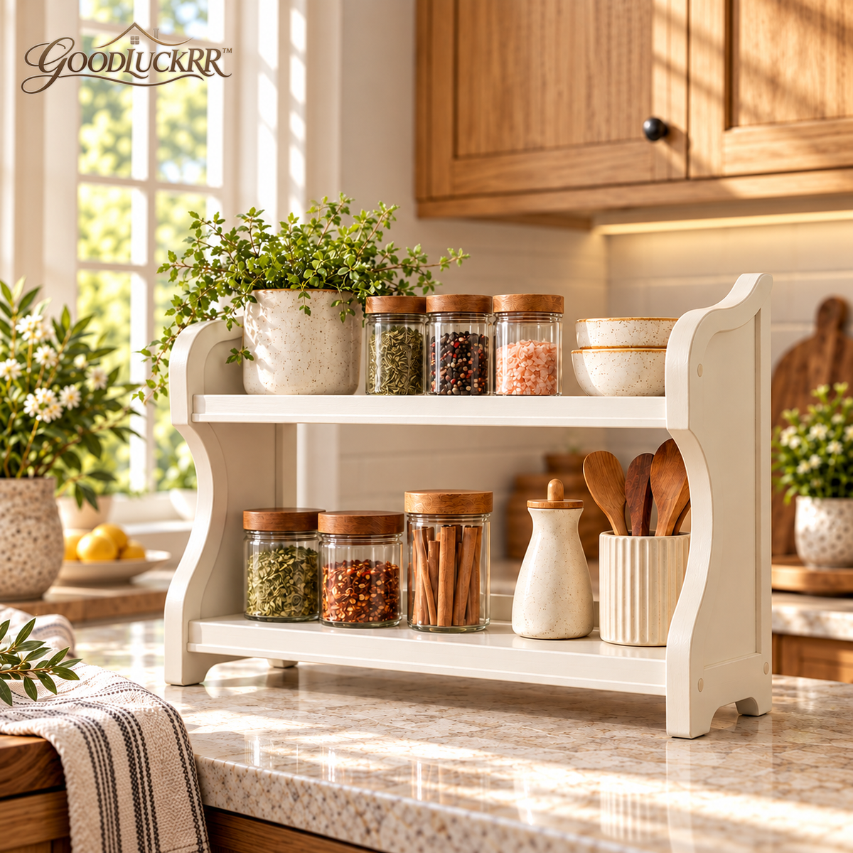 GOODLUCKRR™ Farmhouse Wooden Kitchen Counter Organizer, Rustic Spice Rack & Coffee Bar Storage Shelf, Vintage Country Cottage Decor