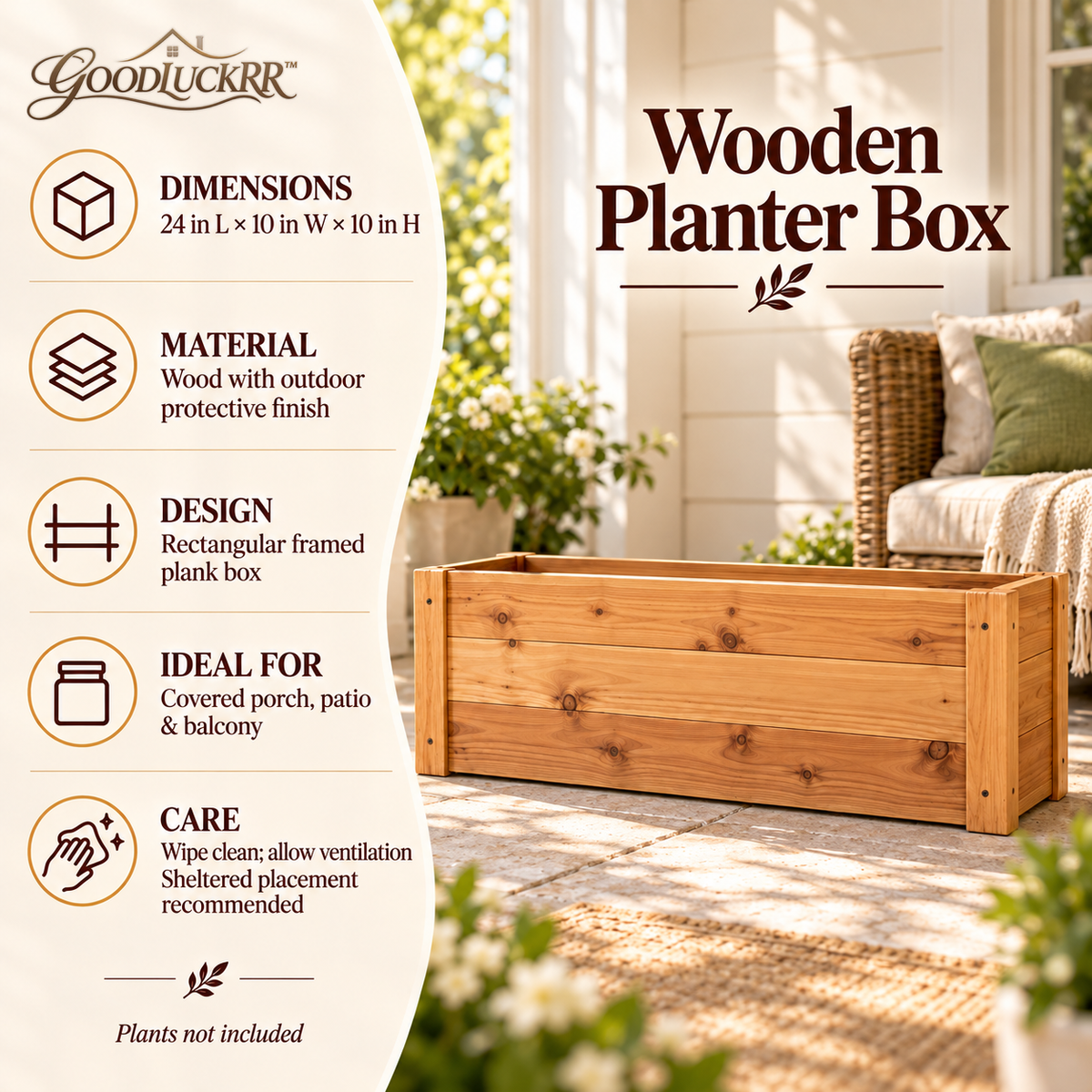 GOODLUCKRR™ Farmhouse Wooden Planter Box, Rustic Garden Flower Pot Holder, Cottage Style Outdoor Decor for Porch, Patio & Balcony