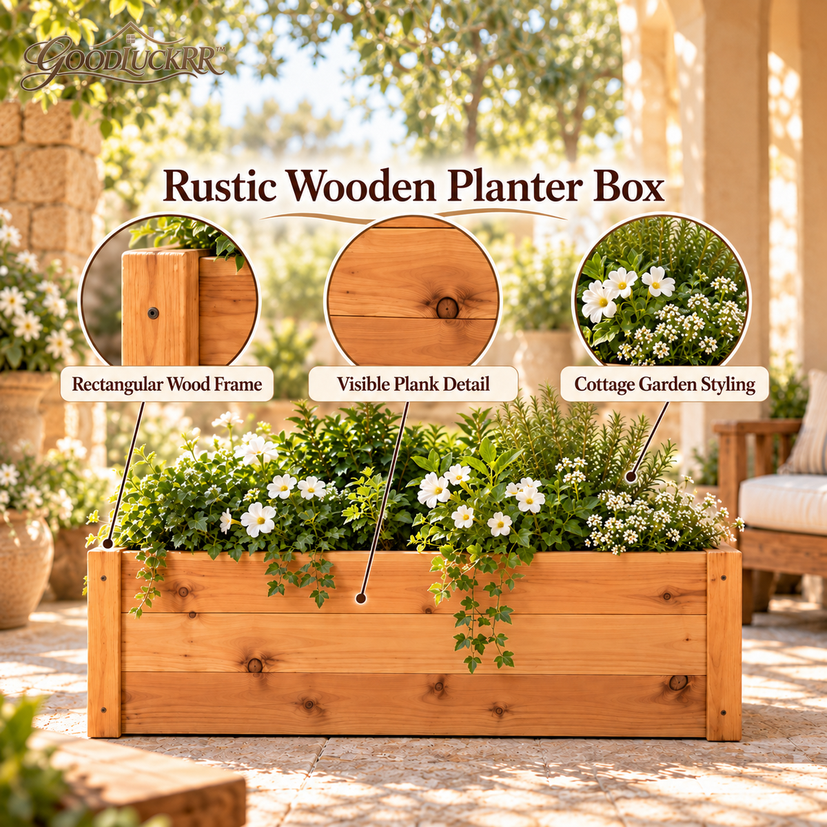 GOODLUCKRR™ Farmhouse Wooden Planter Box, Rustic Garden Flower Pot Holder, Cottage Style Outdoor Decor for Porch, Patio & Balcony