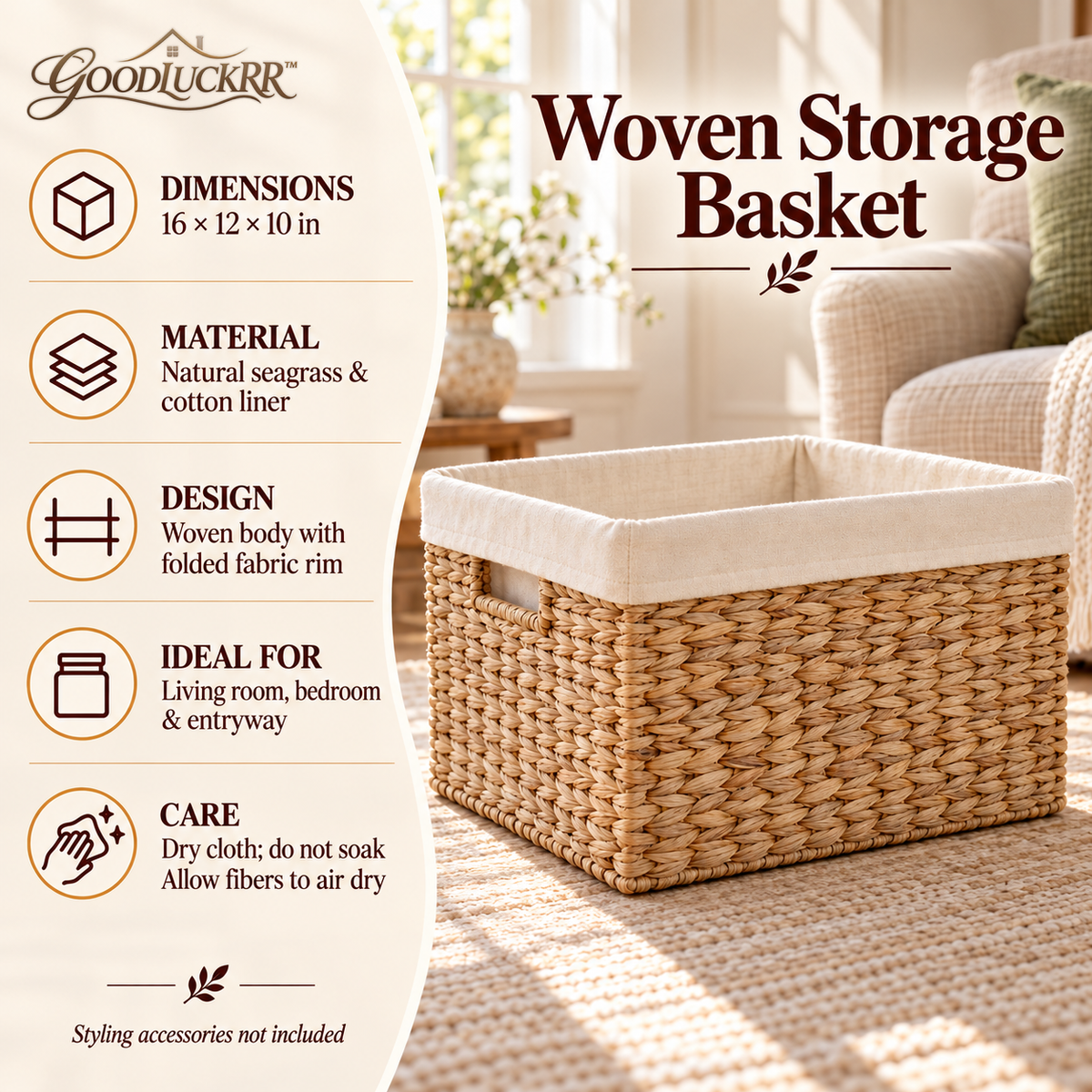 GOODLUCKRR™ Farmhouse Woven Storage Basket, Natural Seagrass Basket with Fabric Liner, Rustic Cottage Organization for Living Room & Bedroom