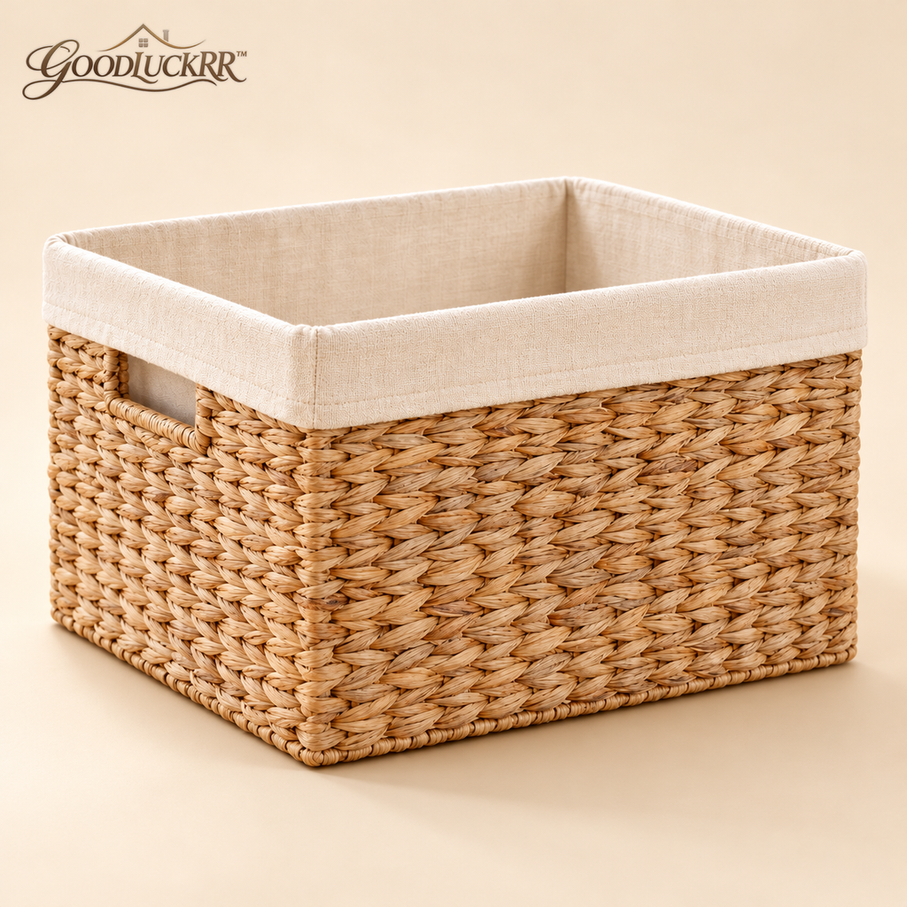 GOODLUCKRR™ Farmhouse Woven Storage Basket, Natural Seagrass Basket with Fabric Liner, Rustic Cottage Organization for Living Room & Bedroom