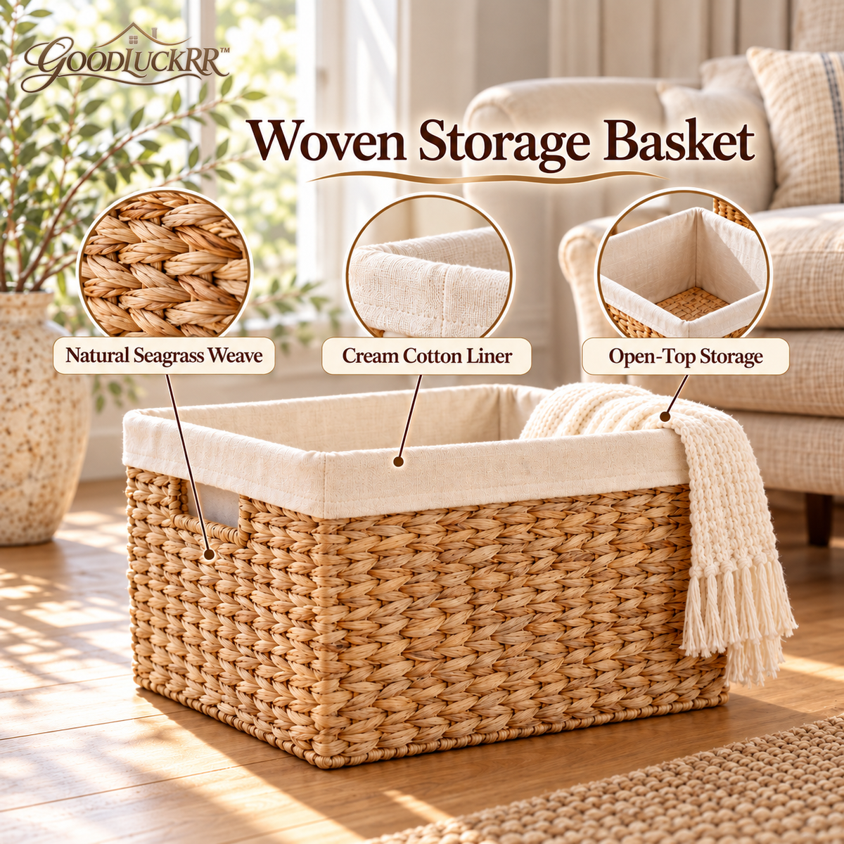 GOODLUCKRR™ Farmhouse Woven Storage Basket, Natural Seagrass Basket with Fabric Liner, Rustic Cottage Organization for Living Room & Bedroom