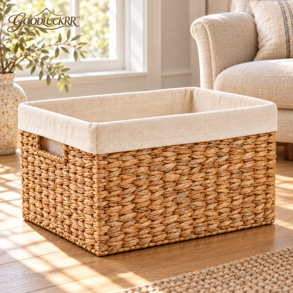 GOODLUCKRR™ Farmhouse Woven Storage Basket, Natural Seagrass Basket with Fabric Liner, Rustic Cottage Organization for Living Room & Bedroom