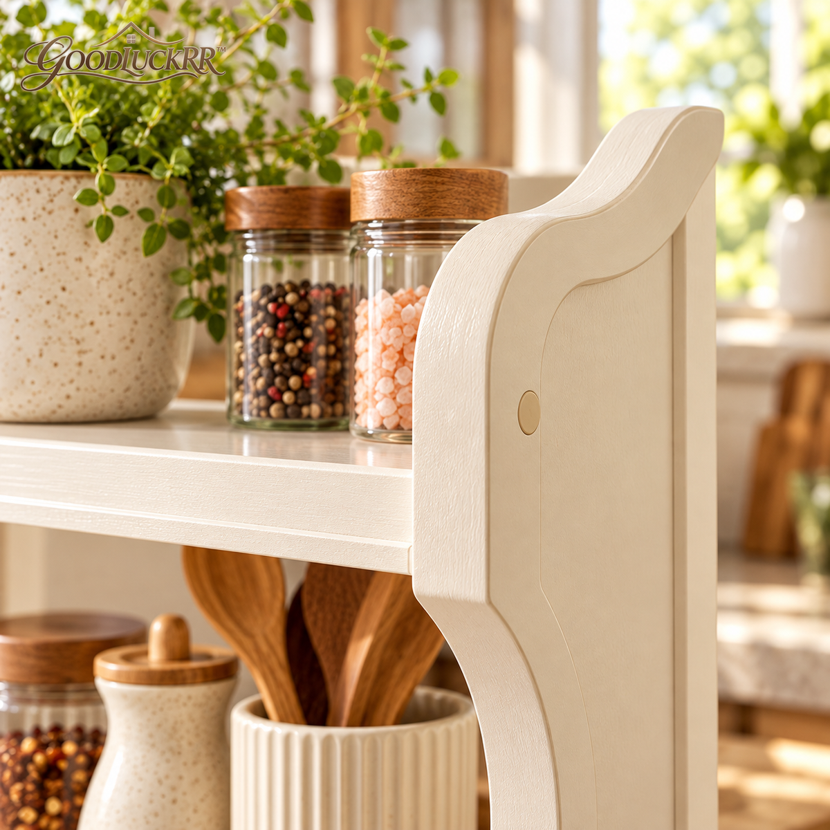 GOODLUCKRR™ Farmhouse Wooden Kitchen Counter Organizer, Rustic Spice Rack & Coffee Bar Storage Shelf, Vintage Country Cottage Decor