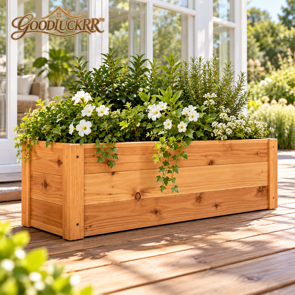 GOODLUCKRR™ Farmhouse Wooden Planter Box, Rustic Garden Flower Pot Holder, Cottage Style Outdoor Decor for Porch, Patio & Balcony