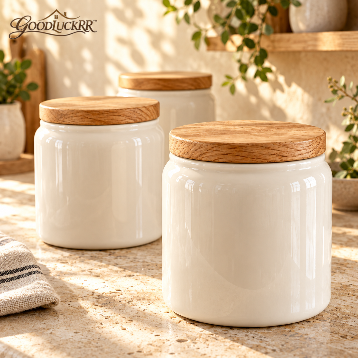 GOODLUCKRR™ Farmhouse Ceramic Kitchen Canister Set, Rustic Storage Jars with Wooden-Style Lids, Country Cottage Counter Decor for Coffee, Sugar & Tea