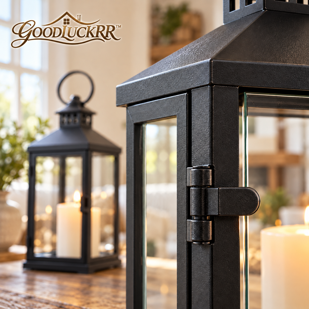 GOODLUCKRR™ Farmhouse Lantern Candle Holder Set, Rustic Metal Decorative Lanterns with Glass Panels, Country Cottage Table Centerpiece Decor