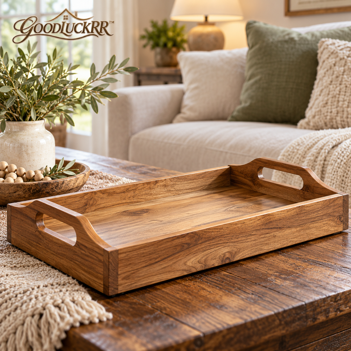 GOODLUCKRR™ Farmhouse Wooden Decorative Tray, Rustic Tray with Raised Handles, Vintage Country Accent for Coffee Table, Kitchen Counter & Ottoman